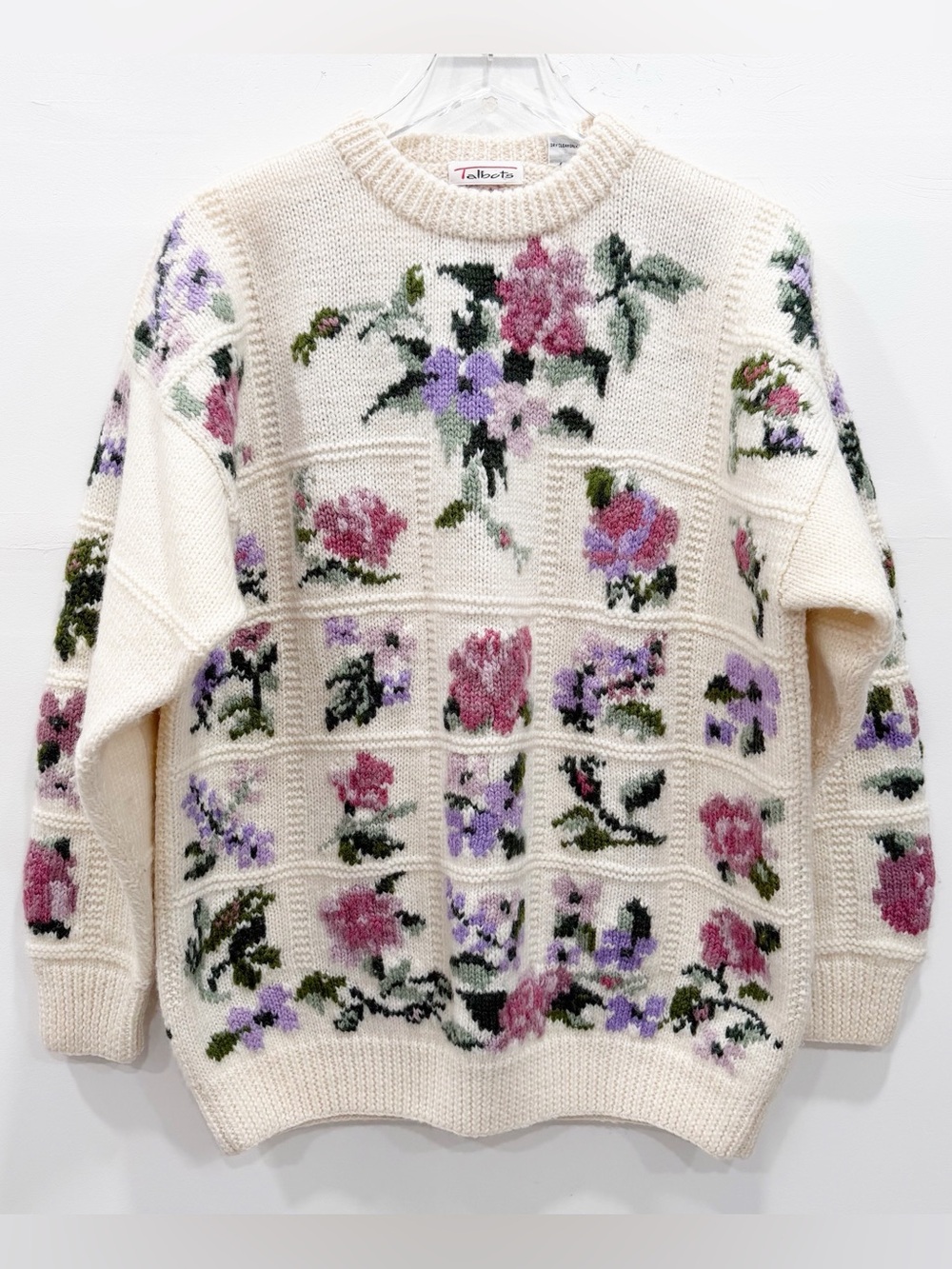 Vintage Talbots Chunky Knit Flower Embroidered Sweater 100% Wool Small Oversized